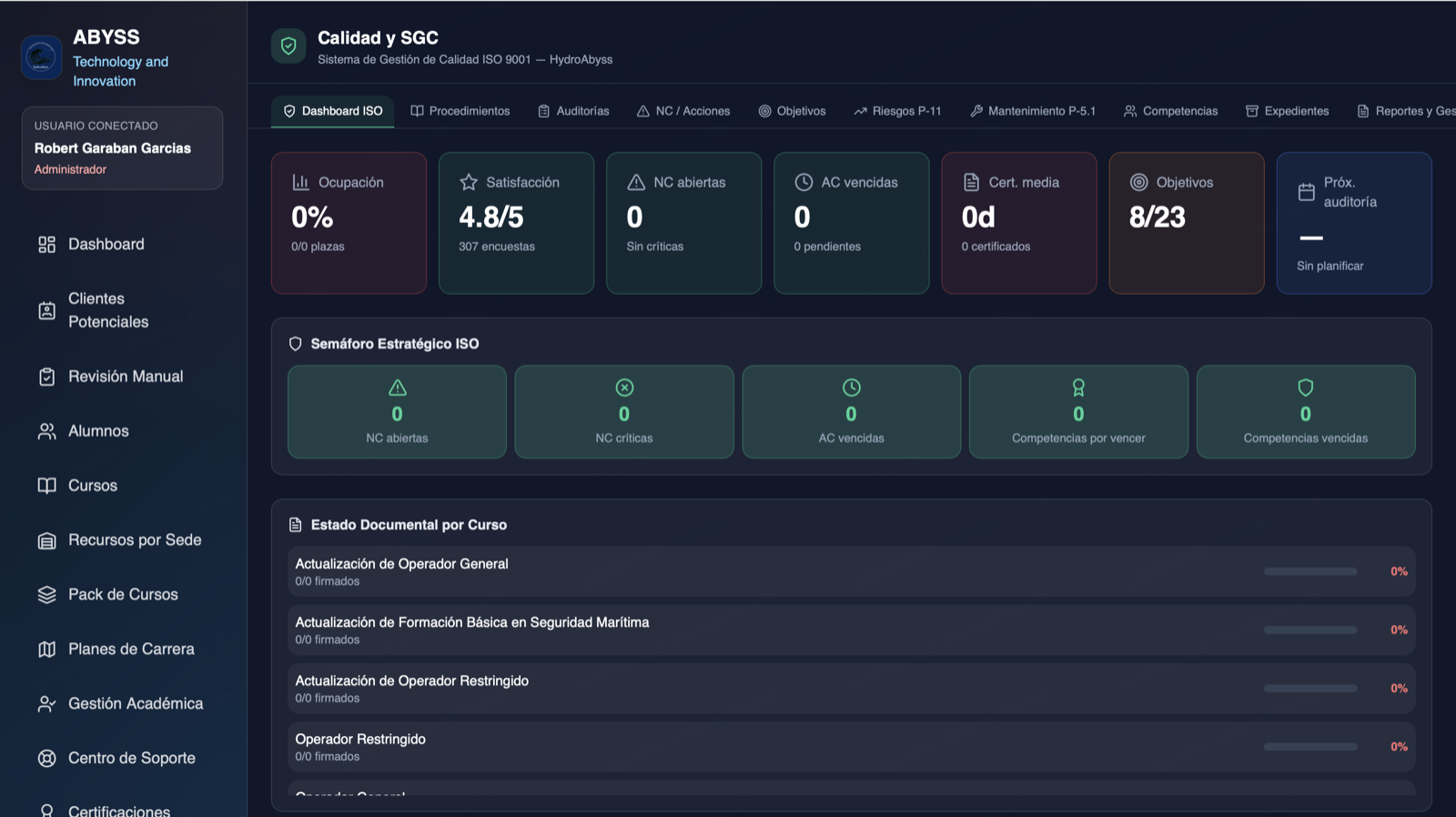 Módulo de calidad y sistema de gestión de ABYSS con semáforo ISO y estado documental.