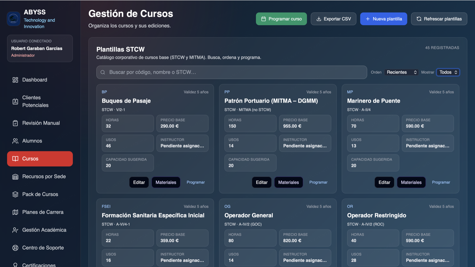 Módulo de gestión de cursos de ABYSS con plantillas STCW y planificación.