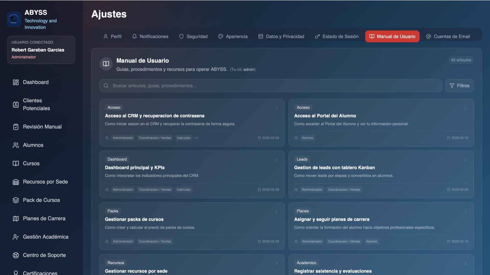 Manual de usuario de ABYSS con buscador de artículos y procedimientos.
