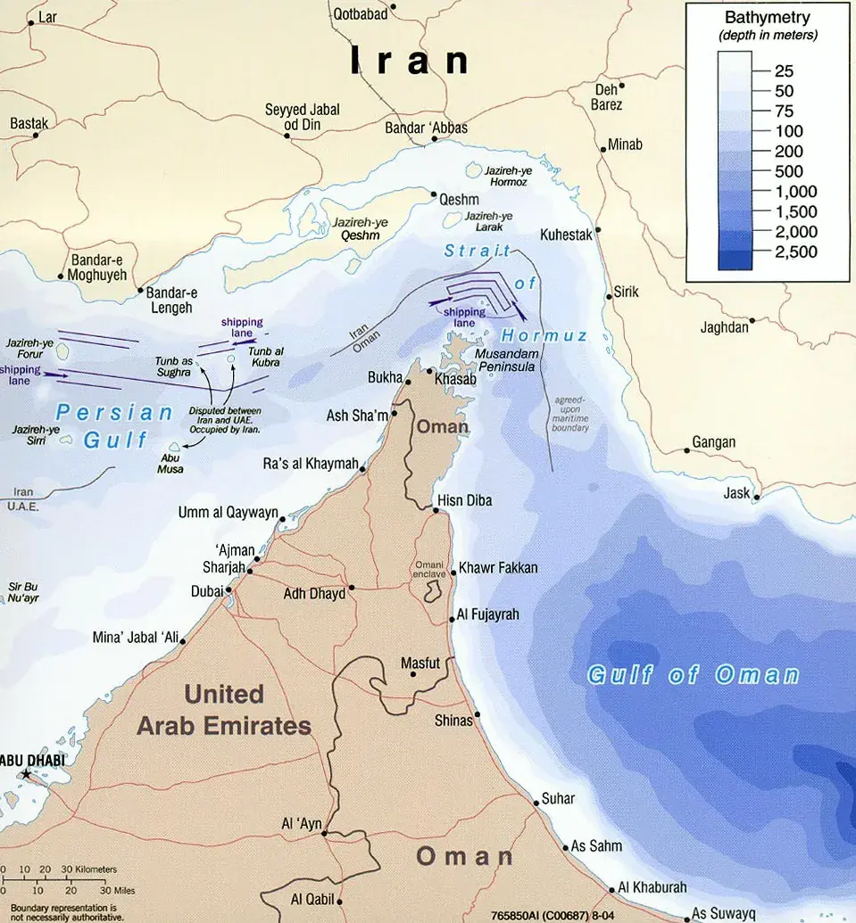 Mapa del estrecho de Ormuz y sus rutas de tráfico marítimo