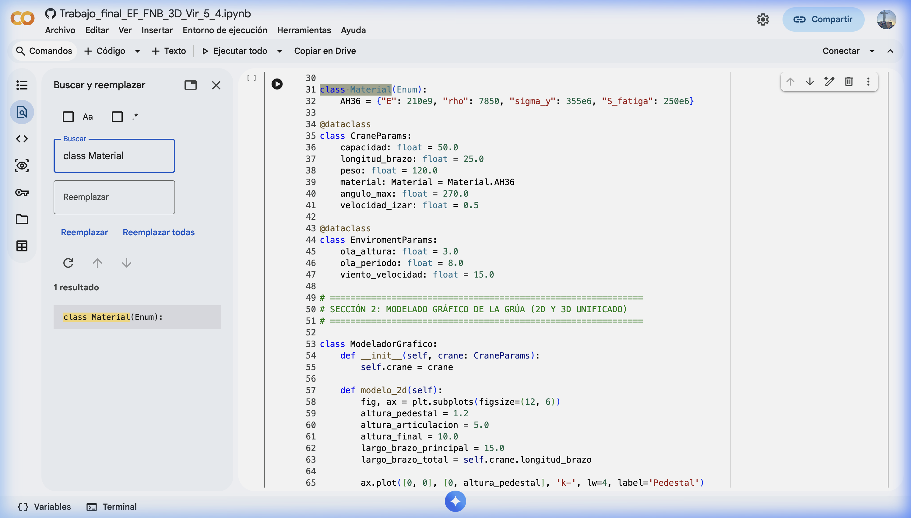 Código Python — Definición de materiales y parámetros de la grúa en el notebook
