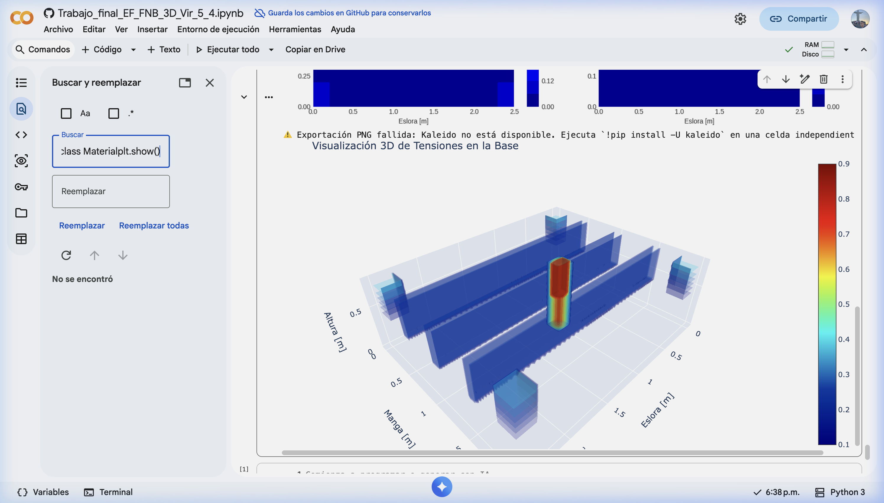 Visualización 3D de tensiones en la base de la grúa — Heatmap FEM