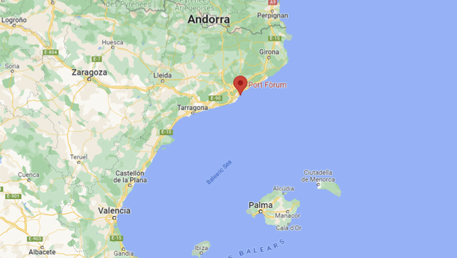 Ubicación de Port Fòrum en el mapa del litoral catalán, entre Barcelona y las Islas Baleares
